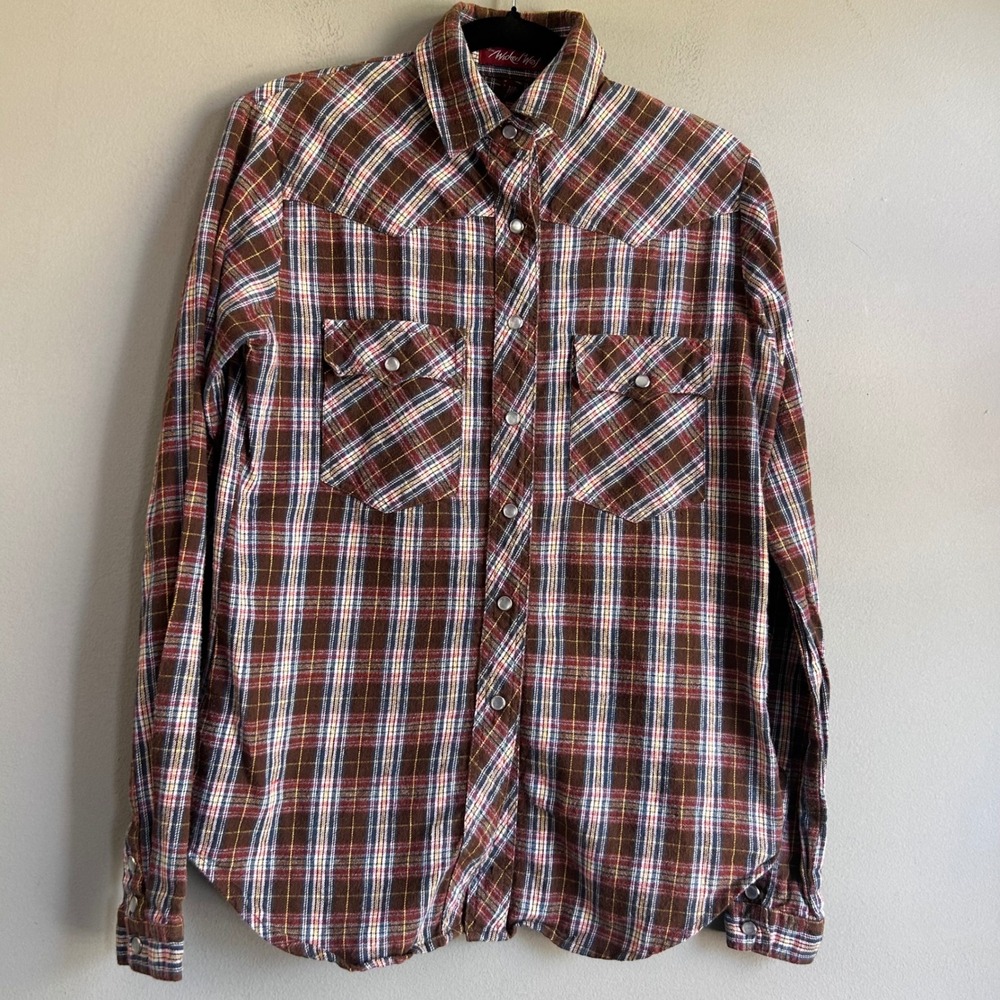 Wicked West Vintage Plaid Pearl Snap Western Shirt Brown Red Blue Cotton Size 3